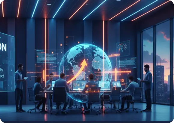 Global AI innovation meeting with digital analytics, business intelligence and collaborative decision making