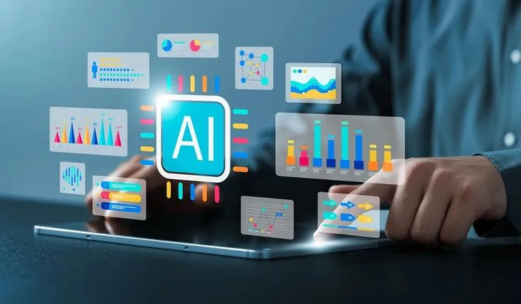 Artificial intelligence business intelligence dashboard displaying analytics, charts and data visualization for strategic decision making