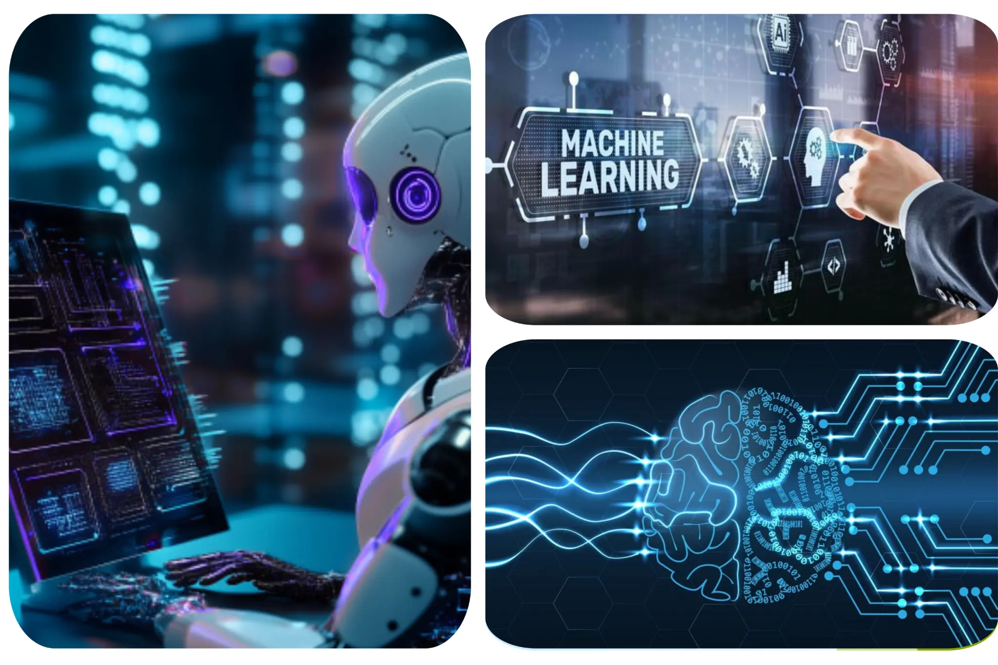 Collage showing AI robot, machine learning technology and neural network solutions for intelligent business automation