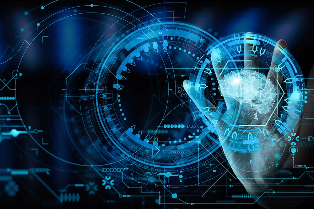 Artificial intelligence technology interface with digital globe and futuristic business automation dashboard