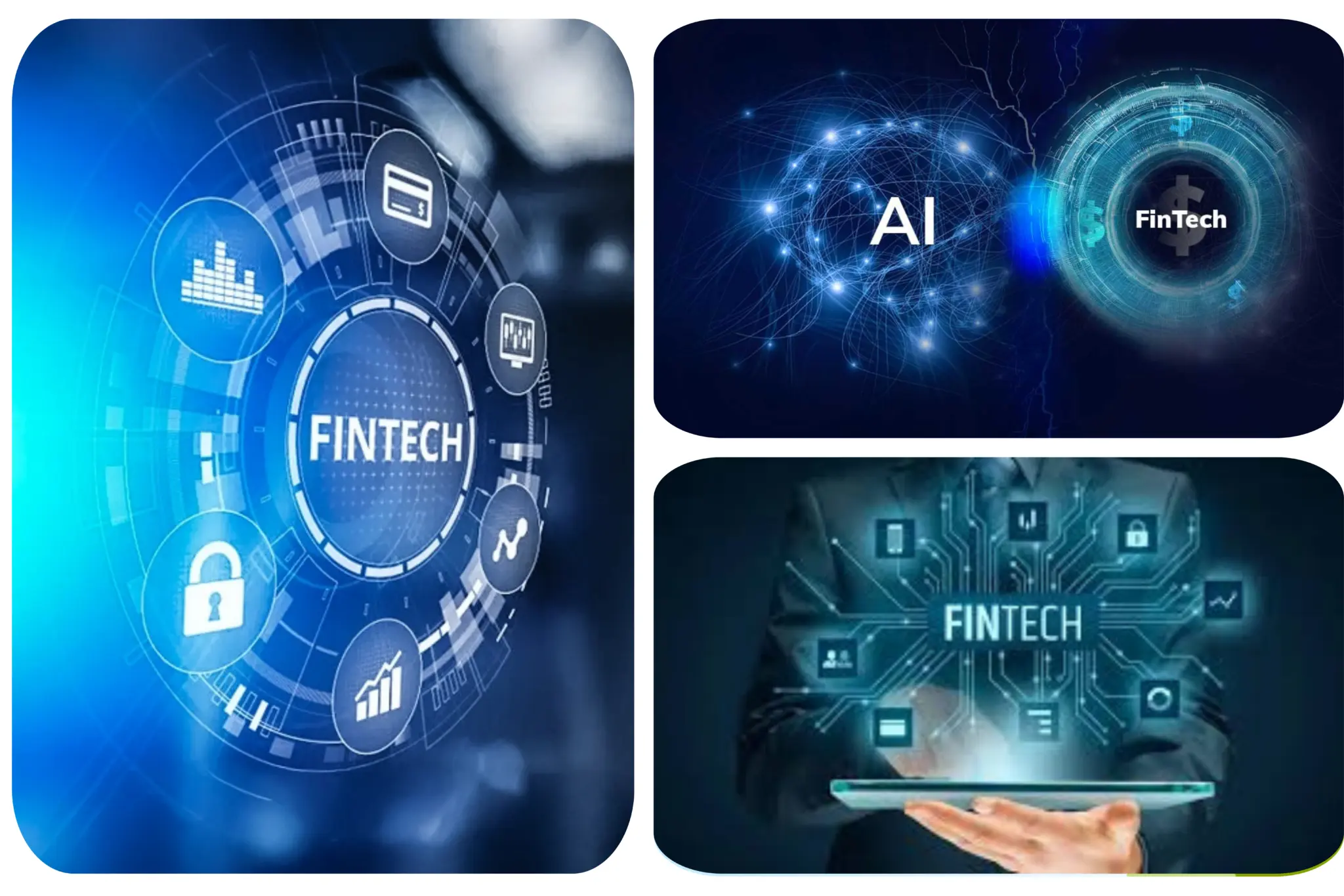 Collage showing AI-powered FinTech solutions, digital banking technology and intelligent financial services