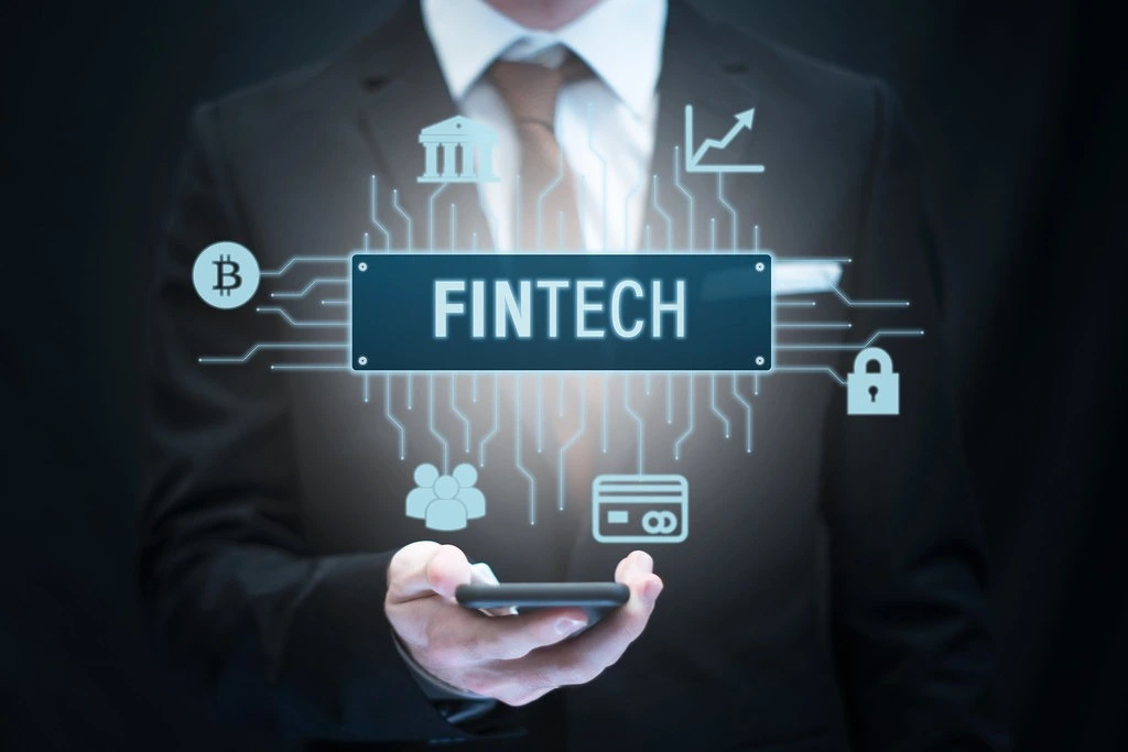 Business professional presenting AI-powered FinTech platform for secure digital financial services