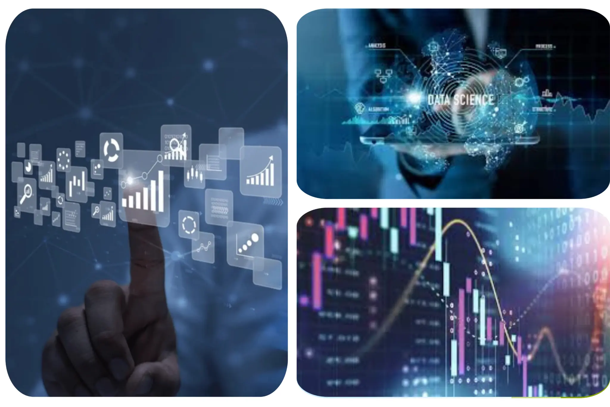 Collage showing digital transformation, AI-powered analytics dashboard and business intelligence technologies
