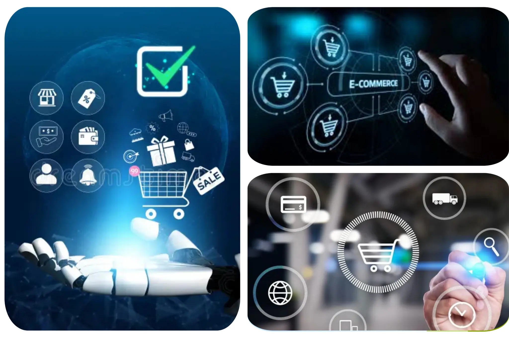 Collage showing e-commerce platform, digital business workflow and AI-powered business automation solutions