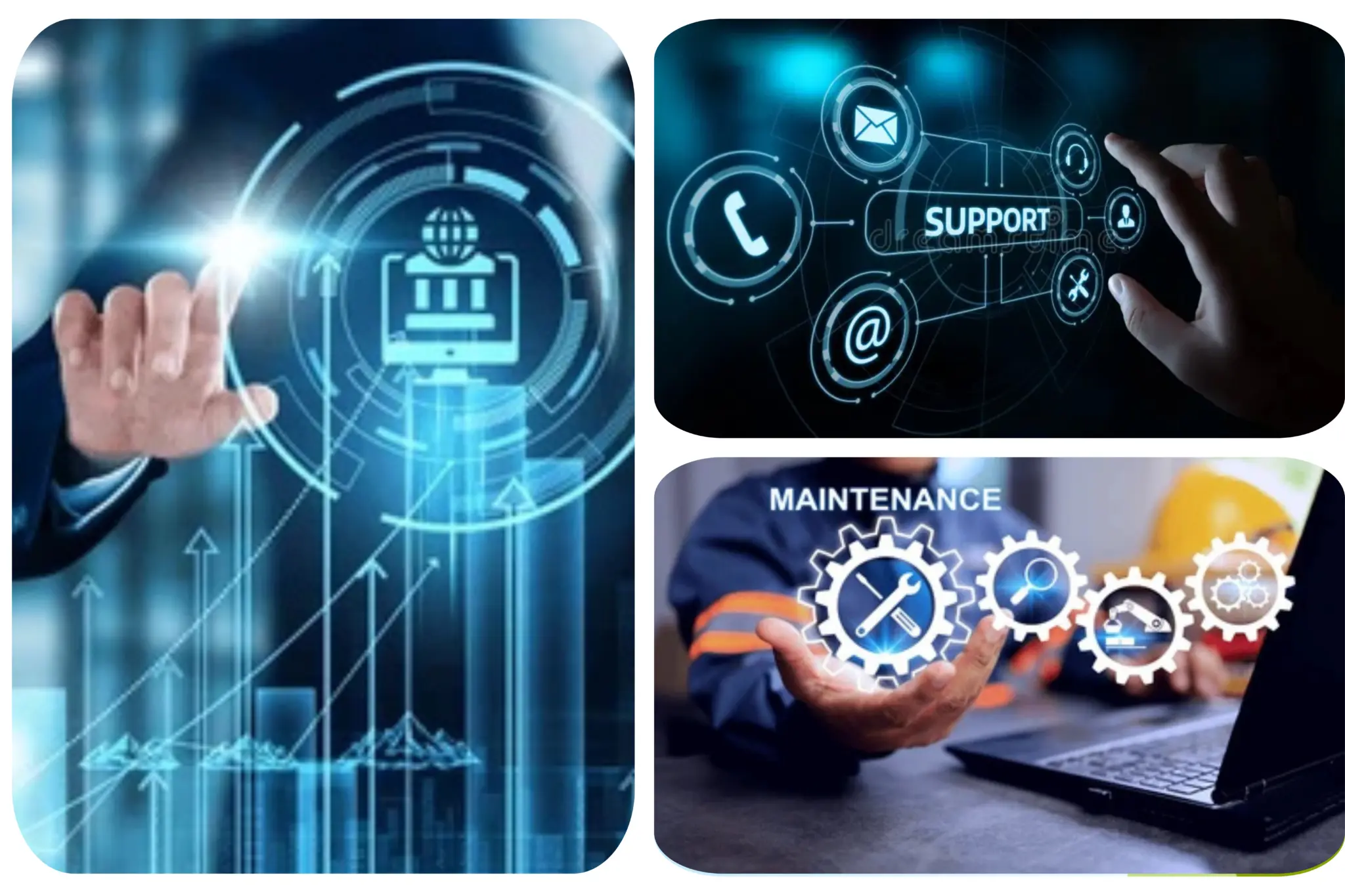 Collage showing CRM platform, customer support services and business maintenance solutions powered by AI