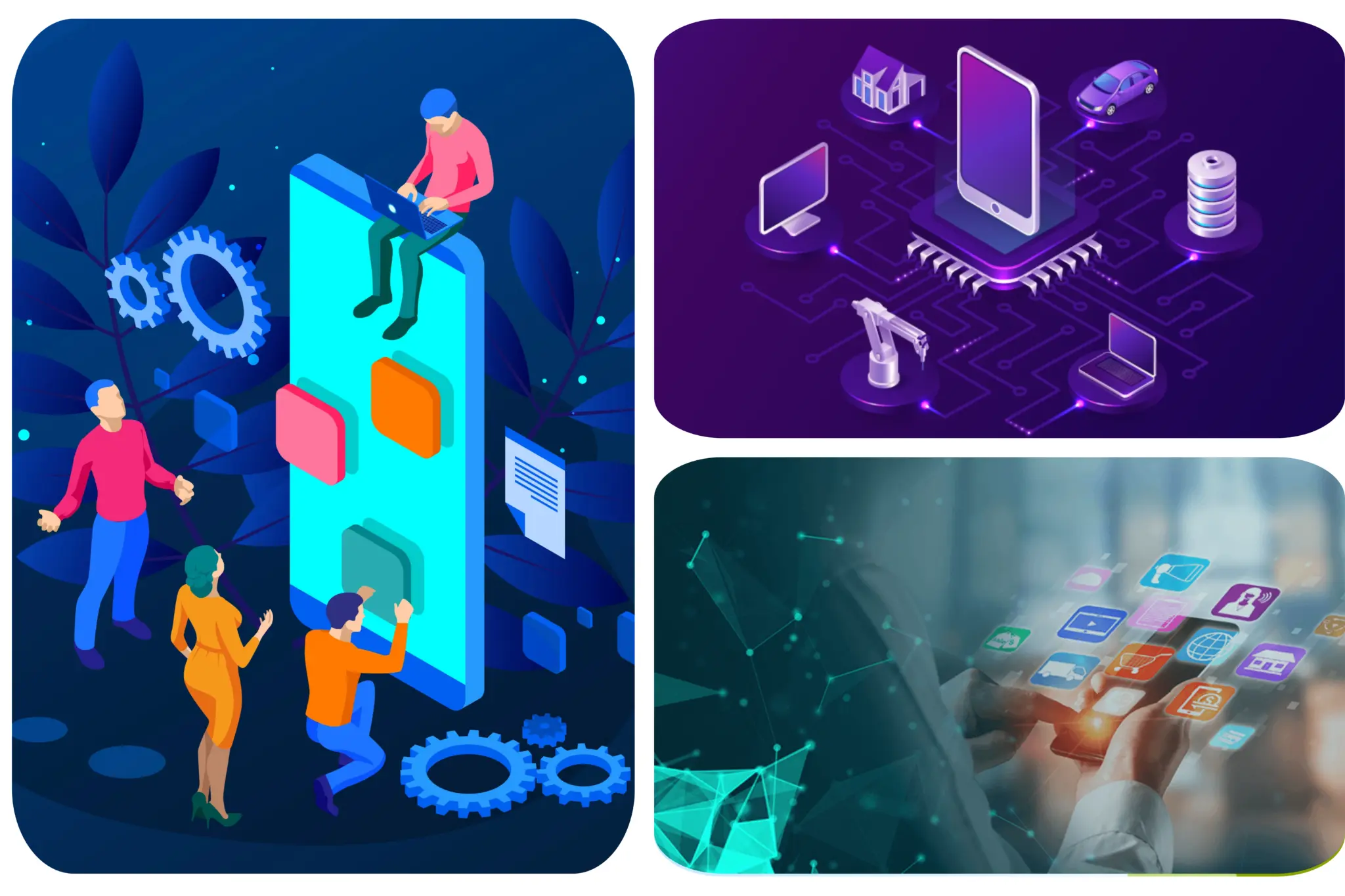 Collage showing UI UX design, mobile application interface and digital product development services