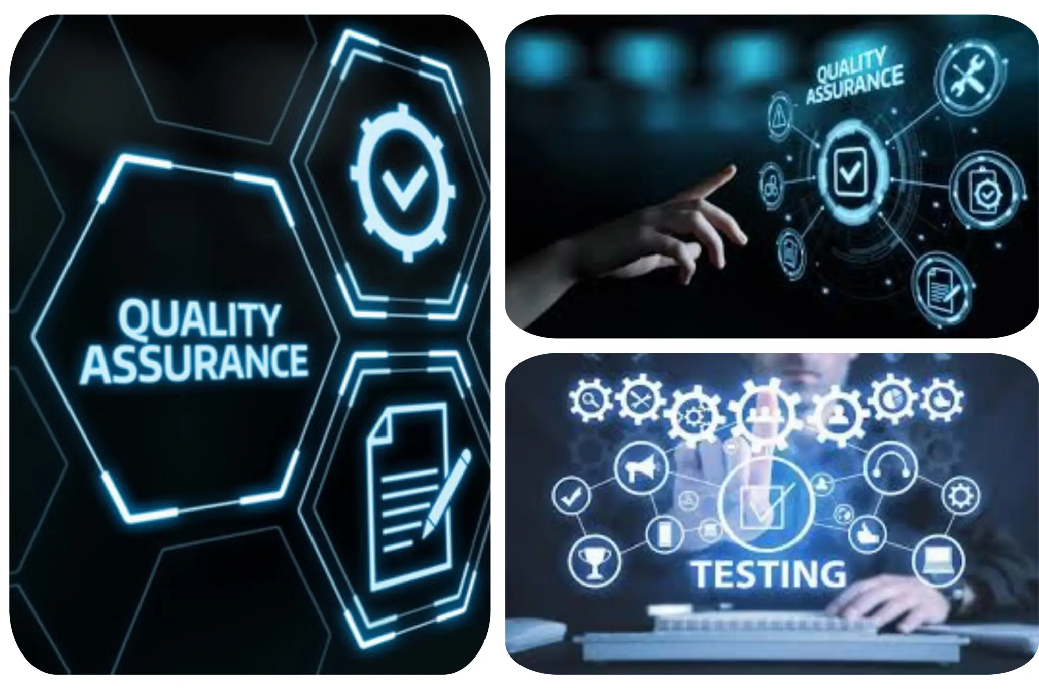 Collage showing quality assurance, software testing and application performance validation services