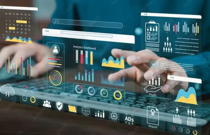 Business intelligence dashboard displaying analytics, reports and performance metrics for data-driven decision making