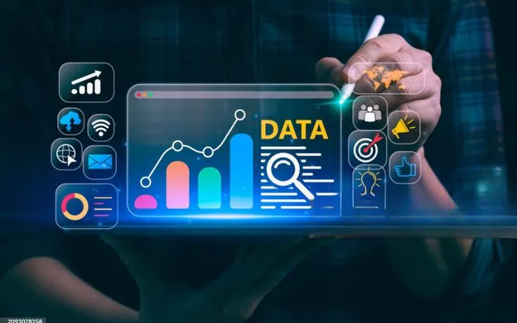 AI-powered data analytics platform visualizing business performance, trends and predictive insights