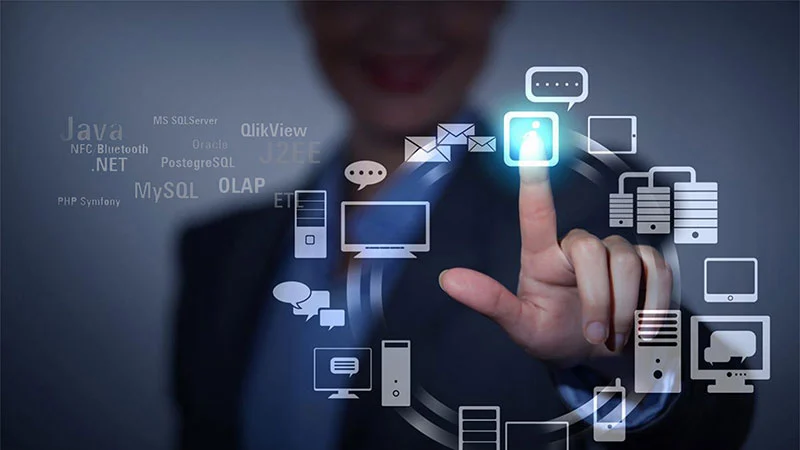 Business professional using a digital communication interface with cloud connectivity and smart technology